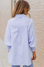 Smocked Cuff Striped Boyfriend Shirt - Fashionfitz