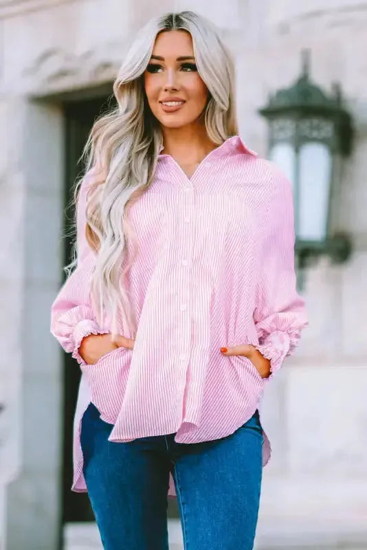 Smocked Cuff Striped Boyfriend Shirt - Fashionfitz