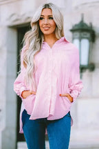 Smocked Cuff Striped Boyfriend Shirt - Fashionfitz