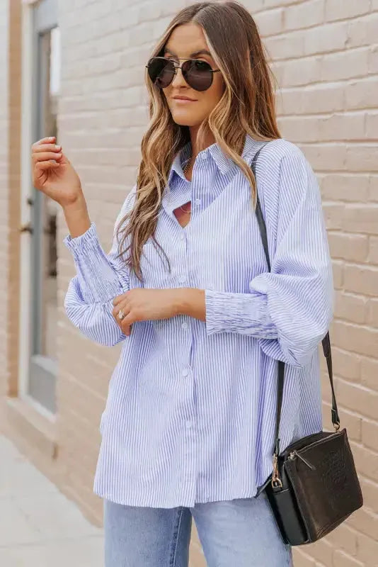 Smocked Cuff Striped Boyfriend Shirt - Fashionfitz