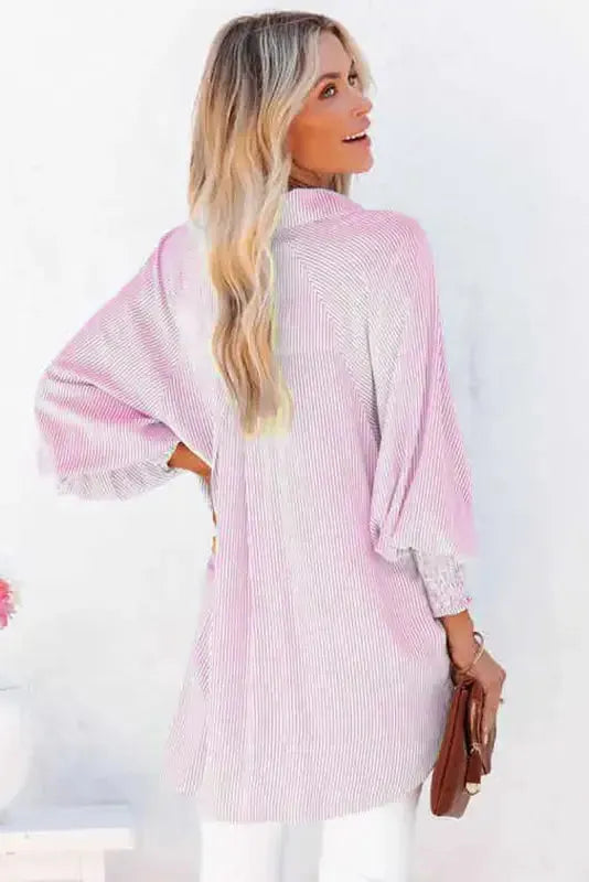 Smocked Cuff Striped Boyfriend Shirt - Fashionfitz