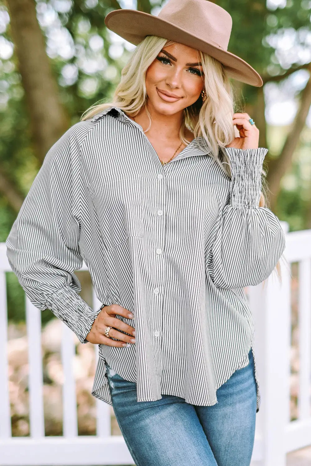 Smocked cuffed striped boyfriend shirt with pocket - black / s / 100% polyester - tops