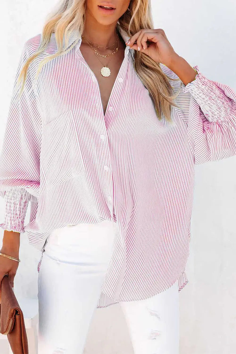 Smocked cuffed striped boyfriend shirt with pocket - pink / s / 100% polyester - tops