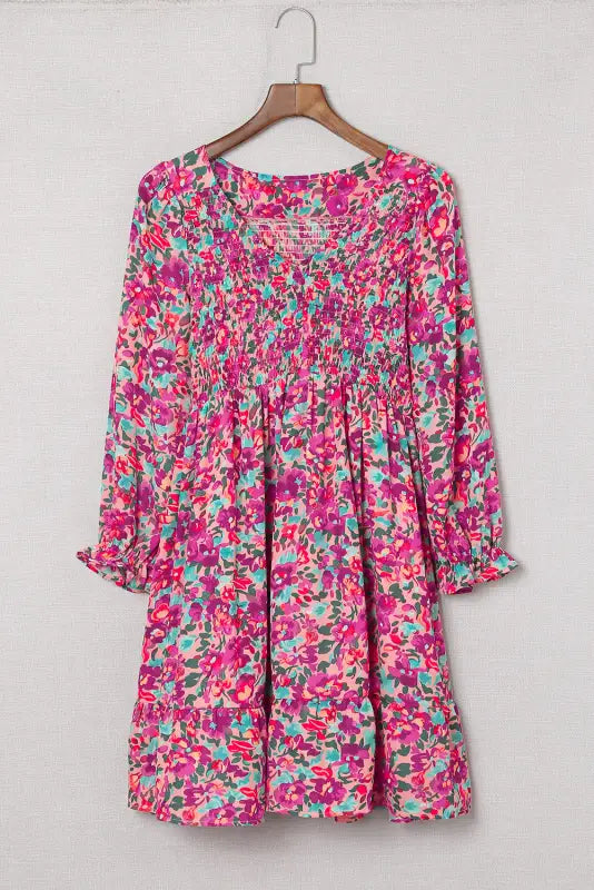 Smocked floral mini dress - purple - dresses