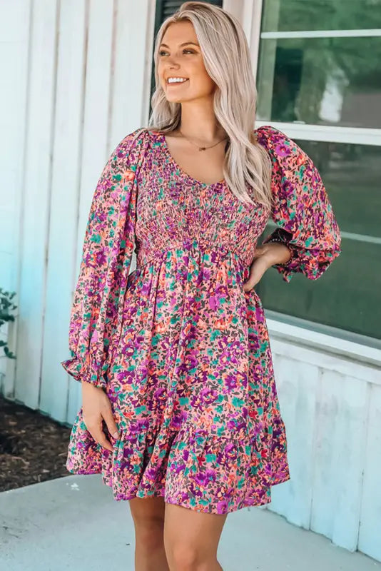 Smocked floral mini dress - purple - dresses