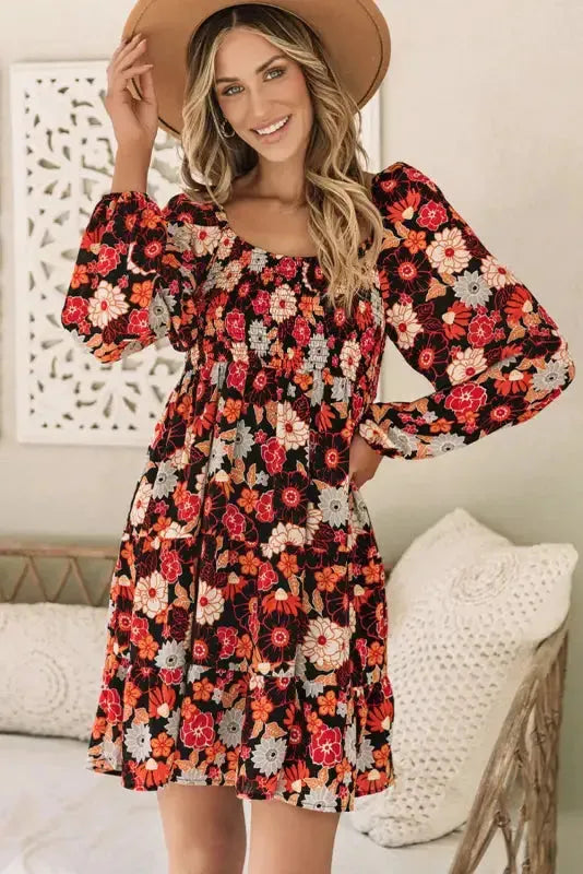Smocked Long Sleeve Floral Dress - Fashionfitz