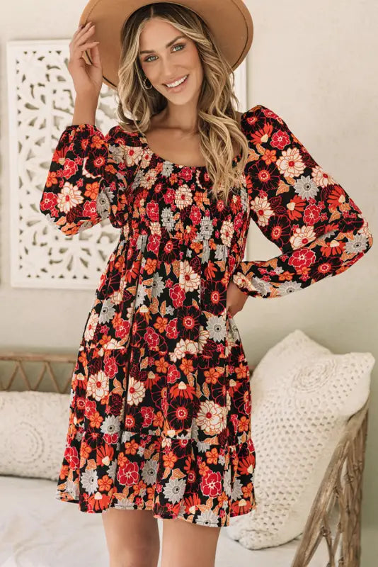 Smocked long sleeve floral dress | fashionfitz