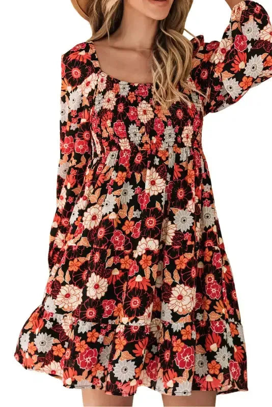 Smocked Long Sleeve Floral Dress - Fashionfitz