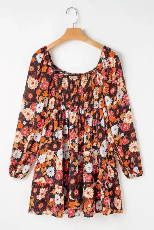 Smocked Long Sleeve Floral Dress - Fashionfitz