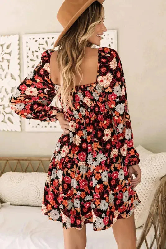 Smocked Long Sleeve Floral Dress - Fashionfitz