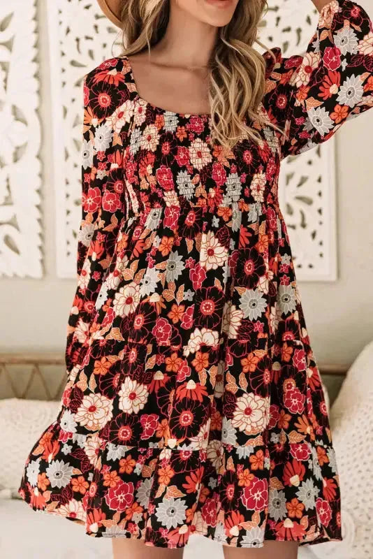 Smocked Long Sleeve Floral Dress - Fashionfitz