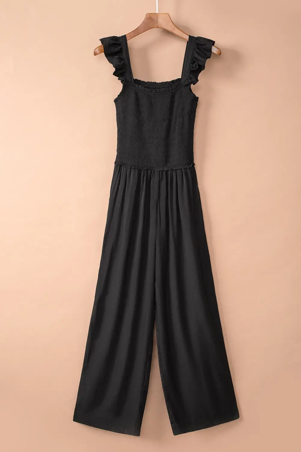 Smocked pocketed ruffled sleeveless wide leg jumpsuit - jumpsuits & rompers