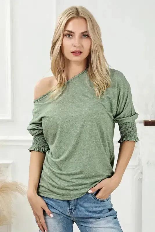 Smocked Sleeve Casual Loose Top - Fashionfitz