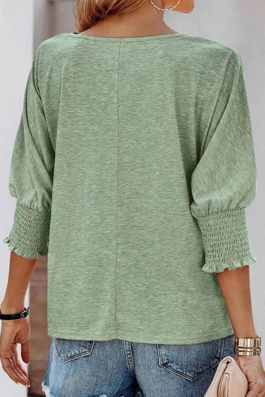 Smocked sleeve casual loose top - t-shirts