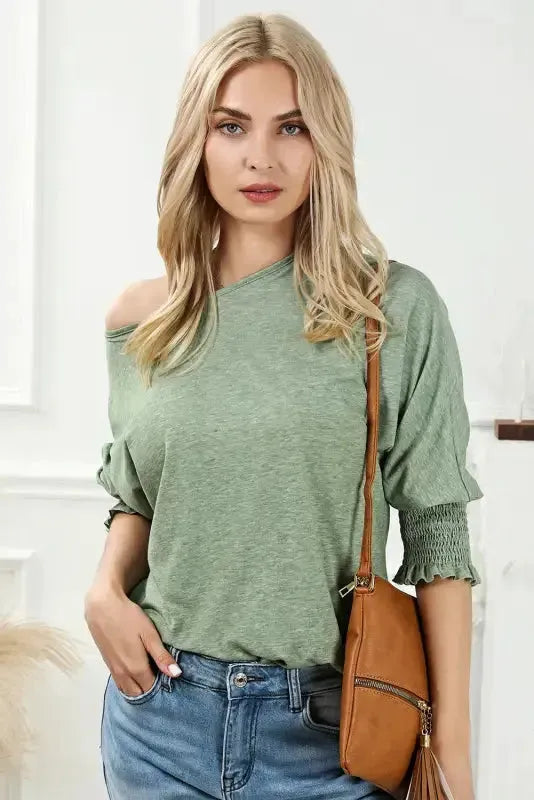 Smocked Sleeve Casual Loose Top - Fashionfitz