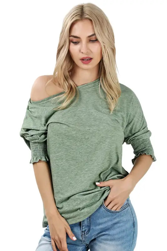 Smocked sleeve casual loose top - t-shirts