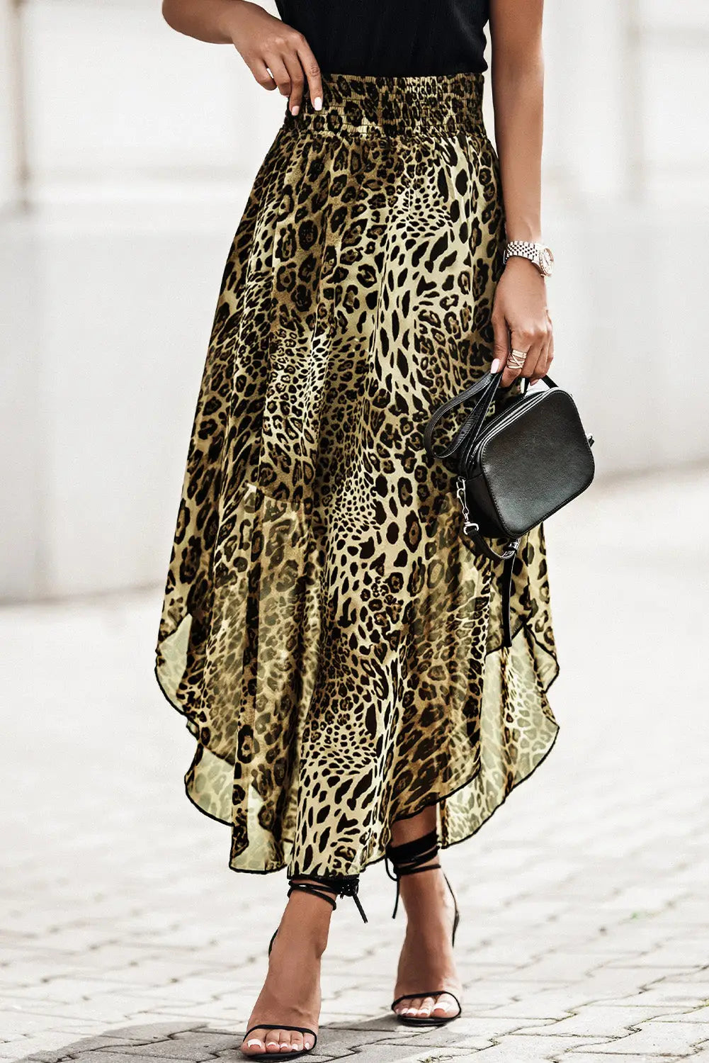 Smocked waist leopard skirt - s / 100% polyester - skirts