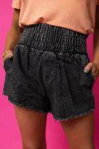 Smocked Waist Washed Denim Shorts - Fashionfitz
