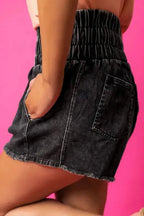 Smocked Waist Washed Denim Shorts - Fashionfitz