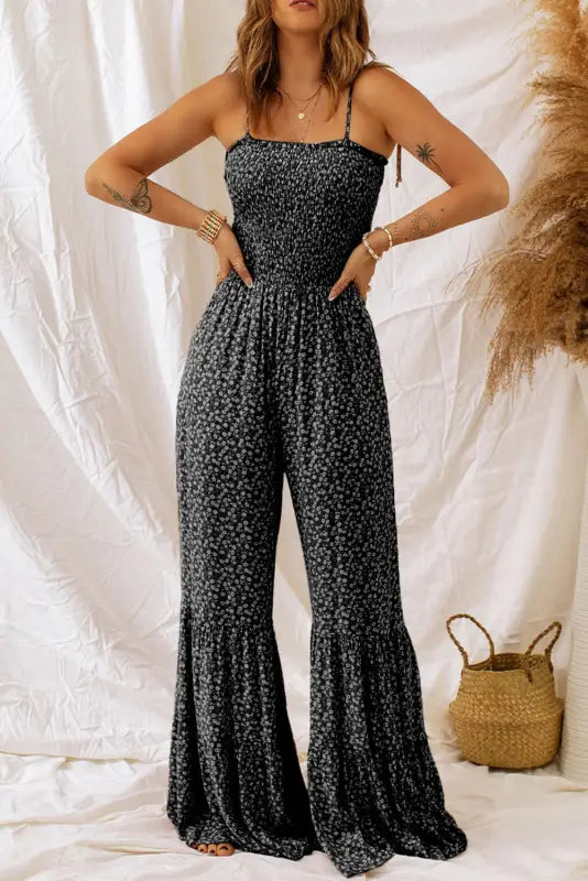 Smocked wide leg floral jumpsuit at fashionfitz