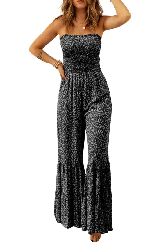 Smocked wide leg floral jumpsuit at fashionfitz