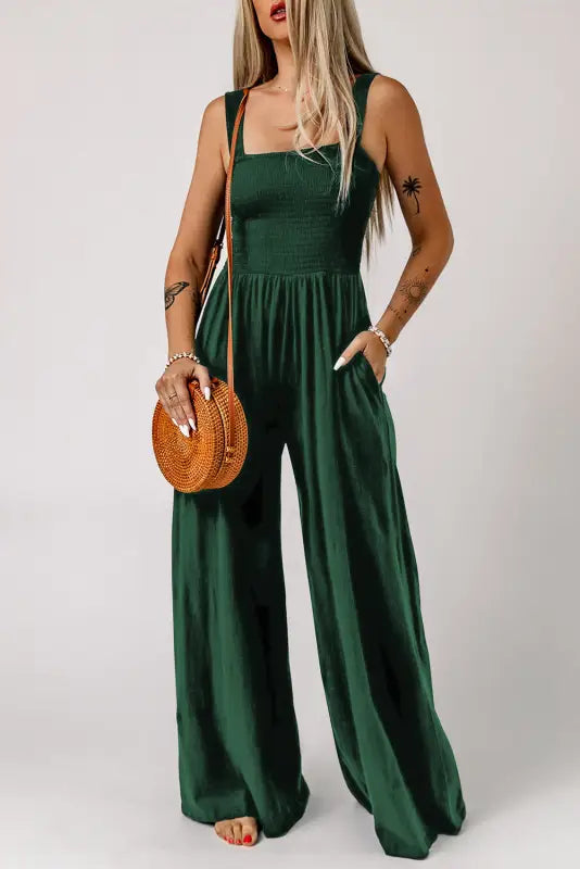 Smocked wide leg jumpsuit - jumpsuits