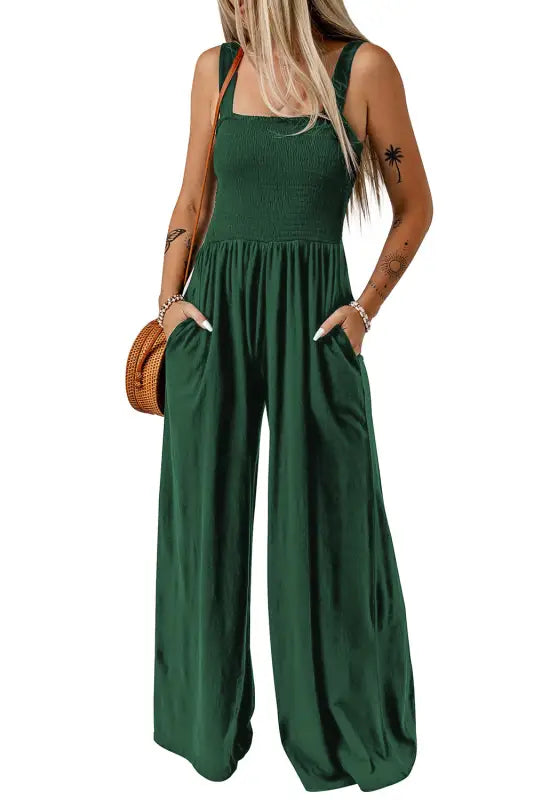 Smocked wide leg jumpsuit - jumpsuits