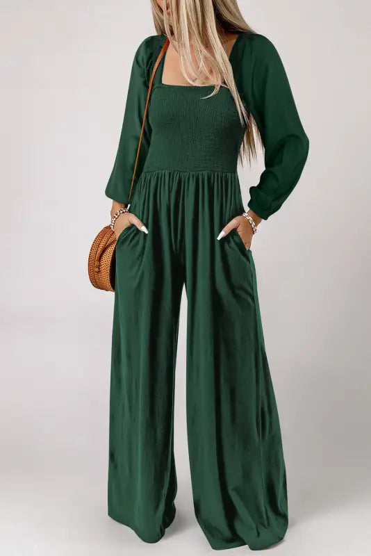 Smocked wide leg jumpsuit - green / s / 100% polyester - jumpsuits