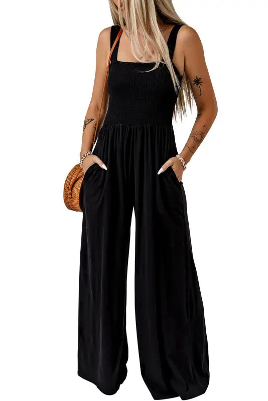 Smocked wide leg jumpsuit - jumpsuits