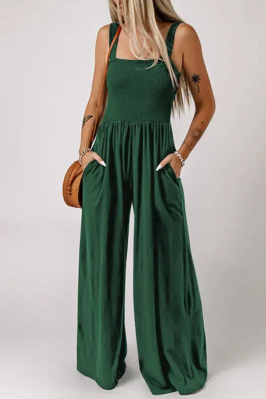 Smocked wide leg jumpsuit - green1 / s / 100% polyester - jumpsuits