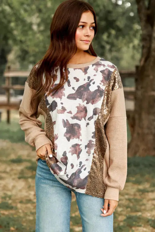 Smoke gray abstract print sequin patch pullover top - long sleeve tops