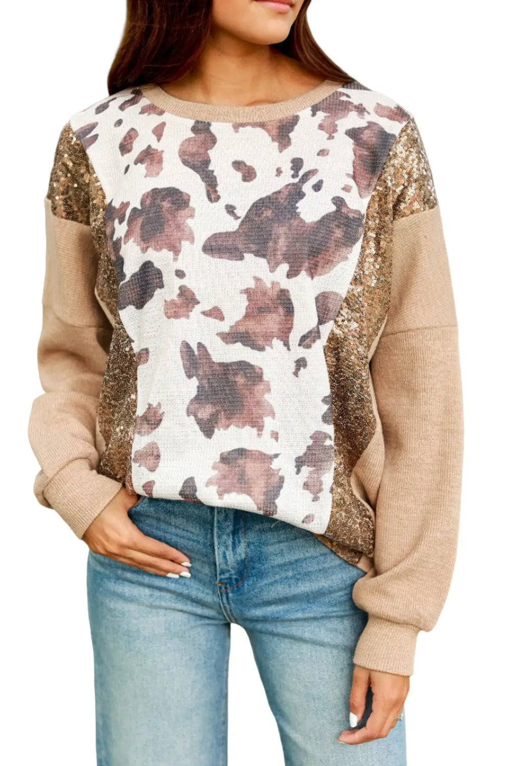 Smoke gray abstract print sequin patch pullover top - long sleeve tops