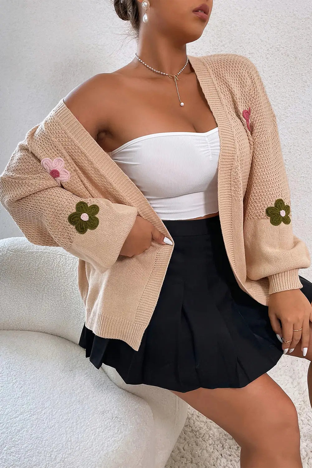 Smoke gray floral applique drop shoulder bubble sleeve cardigan - l / 100% acrylic - sweaters & cardigans