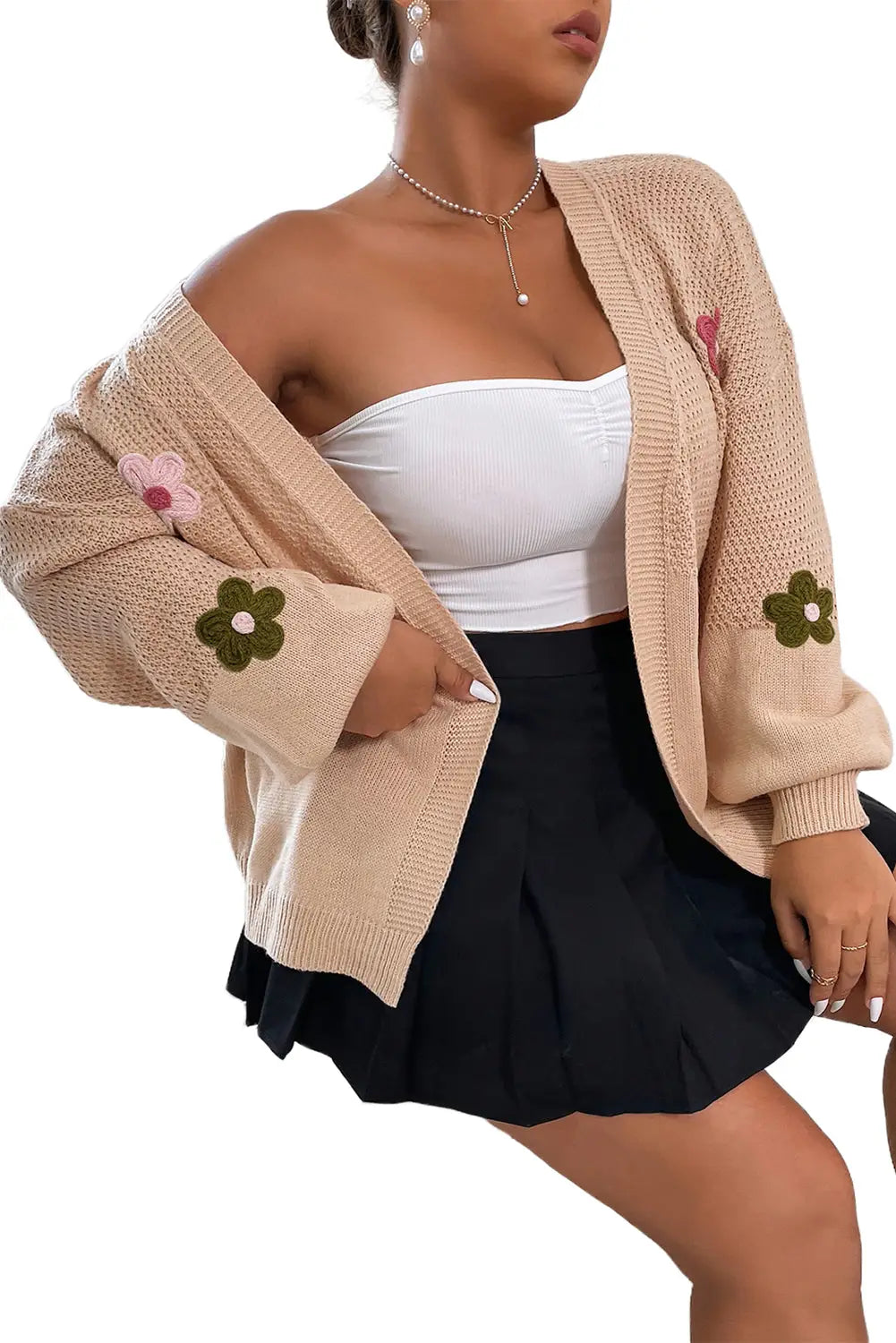 Smoke gray floral applique drop shoulder bubble sleeve cardigan - sweaters & cardigans