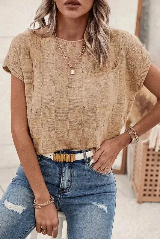 Smoke Gray Lattice Textured Knit Short Sleeve Sweater - Fashionfitz