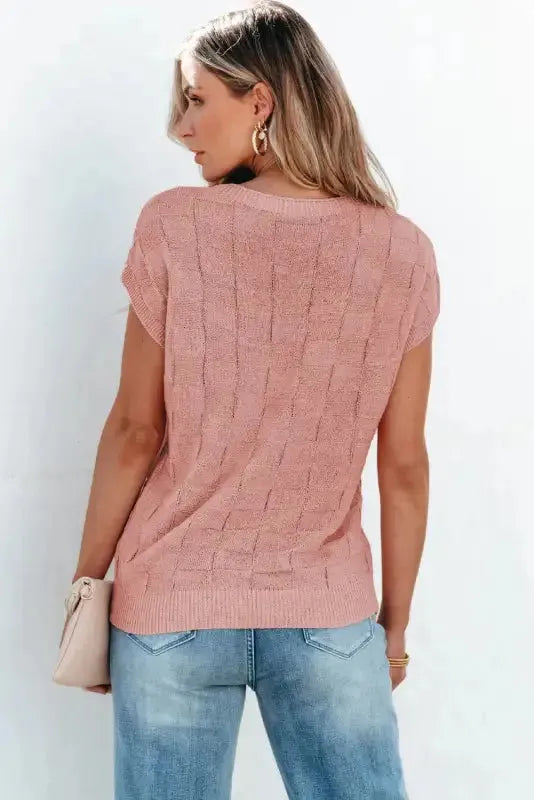 Smoke Gray Lattice Textured Knit Short Sleeve Sweater - Fashionfitz