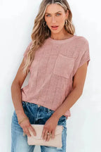 Smoke Gray Lattice Textured Knit Short Sleeve Sweater - Fashionfitz