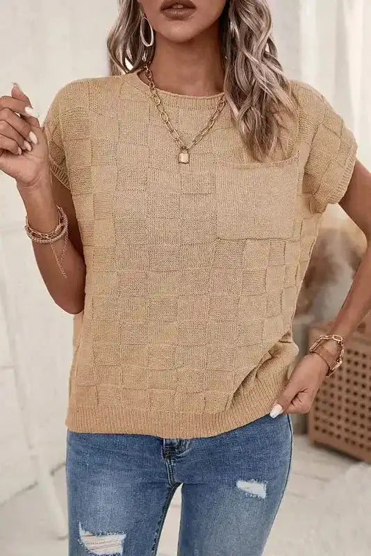 Smoke Gray Lattice Textured Knit Short Sleeve Sweater - Fashionfitz