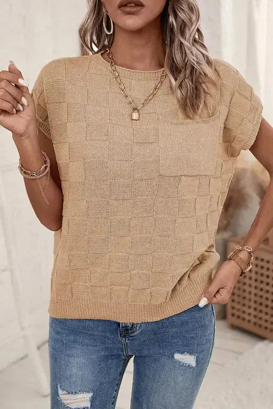 Smoke Gray Lattice Textured Knit Short Sleeve Sweater - Fashionfitz