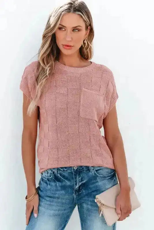 Dusty Pink Lattice Textured Knit Short Sleeve Sweater - Fashionfitz