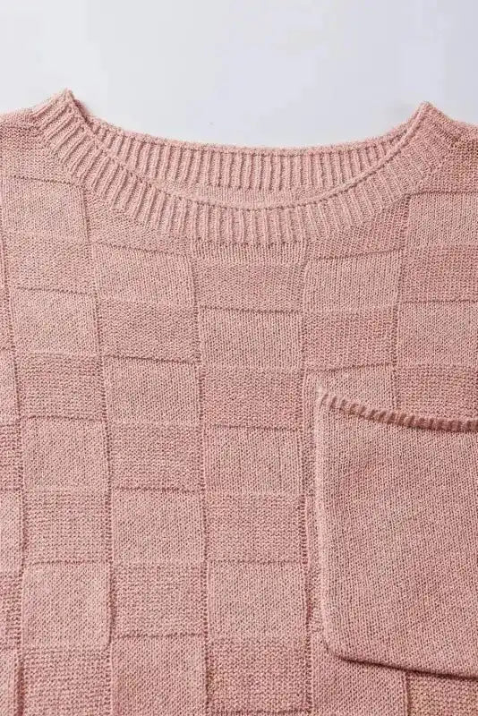 Dusty Pink Lattice Textured Knit Short Sleeve Sweater - Fashionfitz