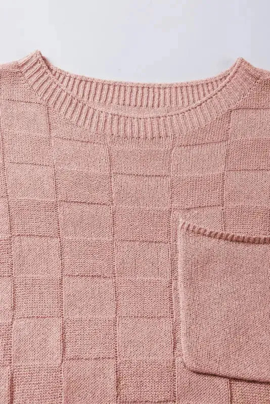 Smoke Gray Lattice Textured Knit Short Sleeve Sweater - Fashionfitz