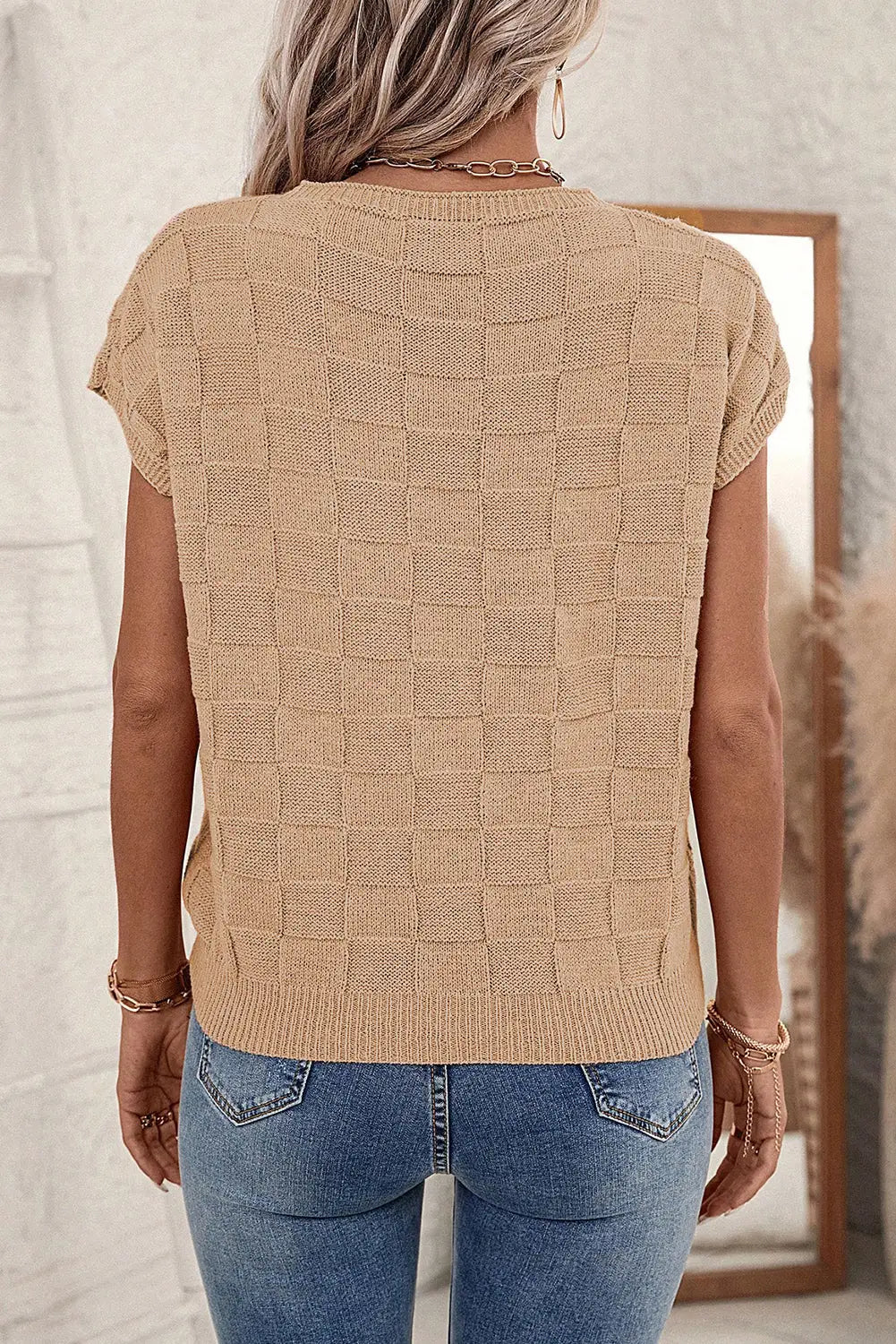 Smoke gray lattice textured knit short sleeve sweater - sweaters & cardigans