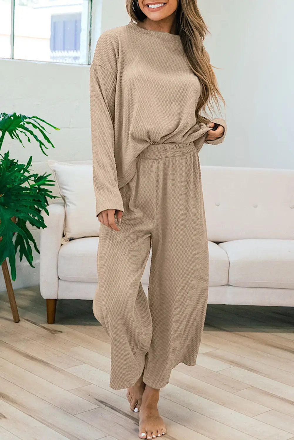 Smoke gray loose textured pullover and pants outfit - l / 95% polyester + 5% elastane - sets
