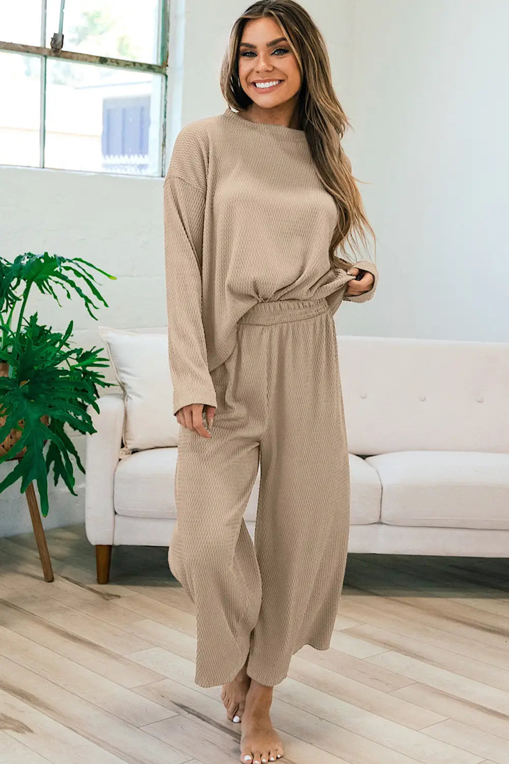Smoke gray loose textured pullover and pants outfit - sets