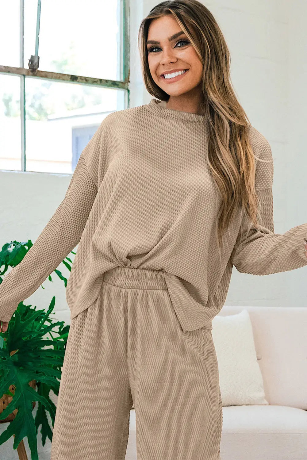 Smoke gray loose textured pullover and pants outfit - sets