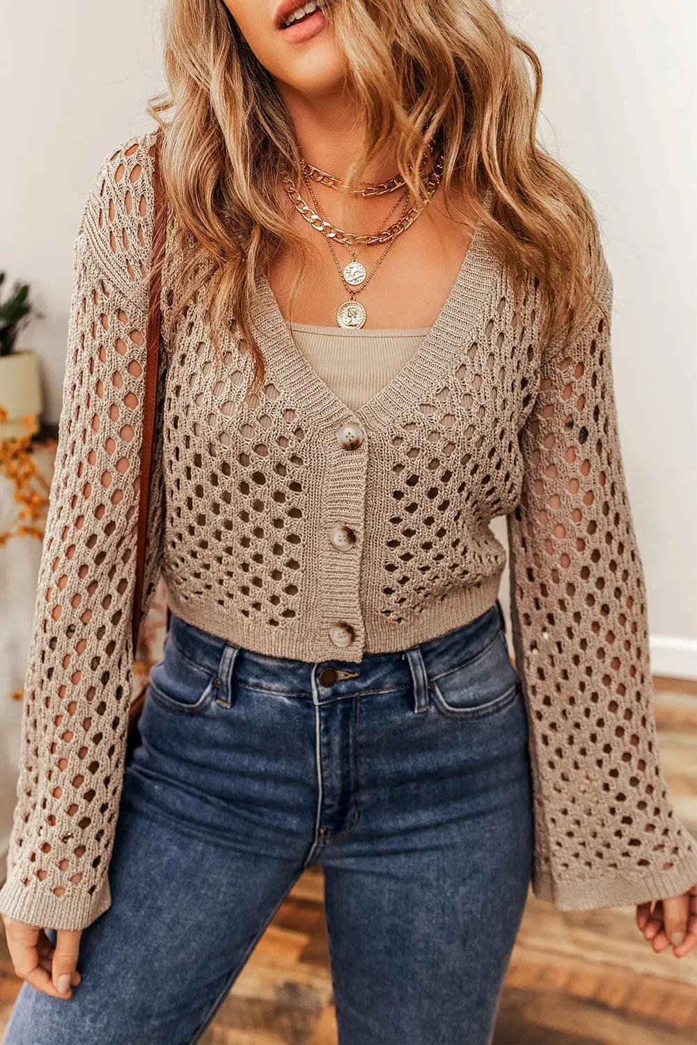 Smoke gray pointelle knit v neck button up crop cardigan - sweaters & cardigans
