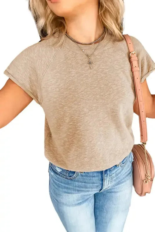 Smoke Gray Ribbed Raglan Short Sleeve Sweater - Fashionfitz