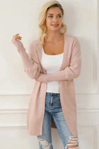 Smoke Gray Ribbed Trim Puff Sleeve Open Cardigan - Fashionfitz