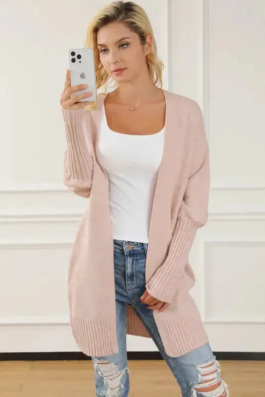 Smoke Gray Ribbed Trim Puff Sleeve Open Cardigan - Fashionfitz